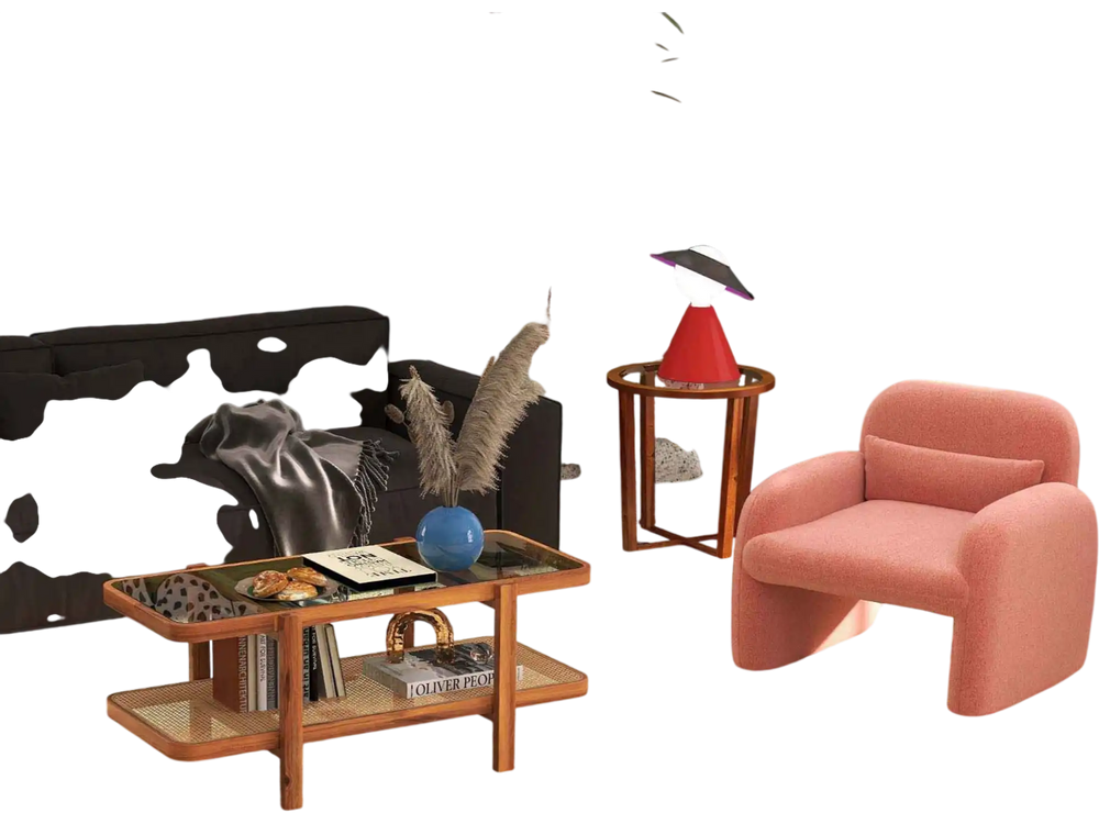 Modern Living Room Furniture Set (Bookcase + Coffee Table + End Table + Accent Chair)