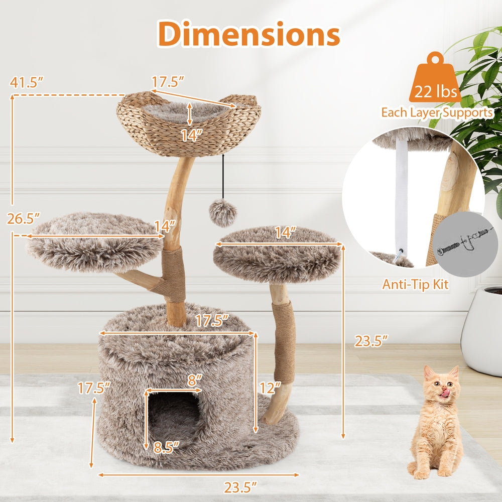 Wood Cat Tree with cozy perch, plush fabric, and sisal scratching posts, perfect for feline lounging and play.