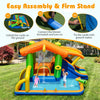 Colorful 8-in-1 inflatable bounce house water park with climbing wall, slide, and spacious pool for summer fun.