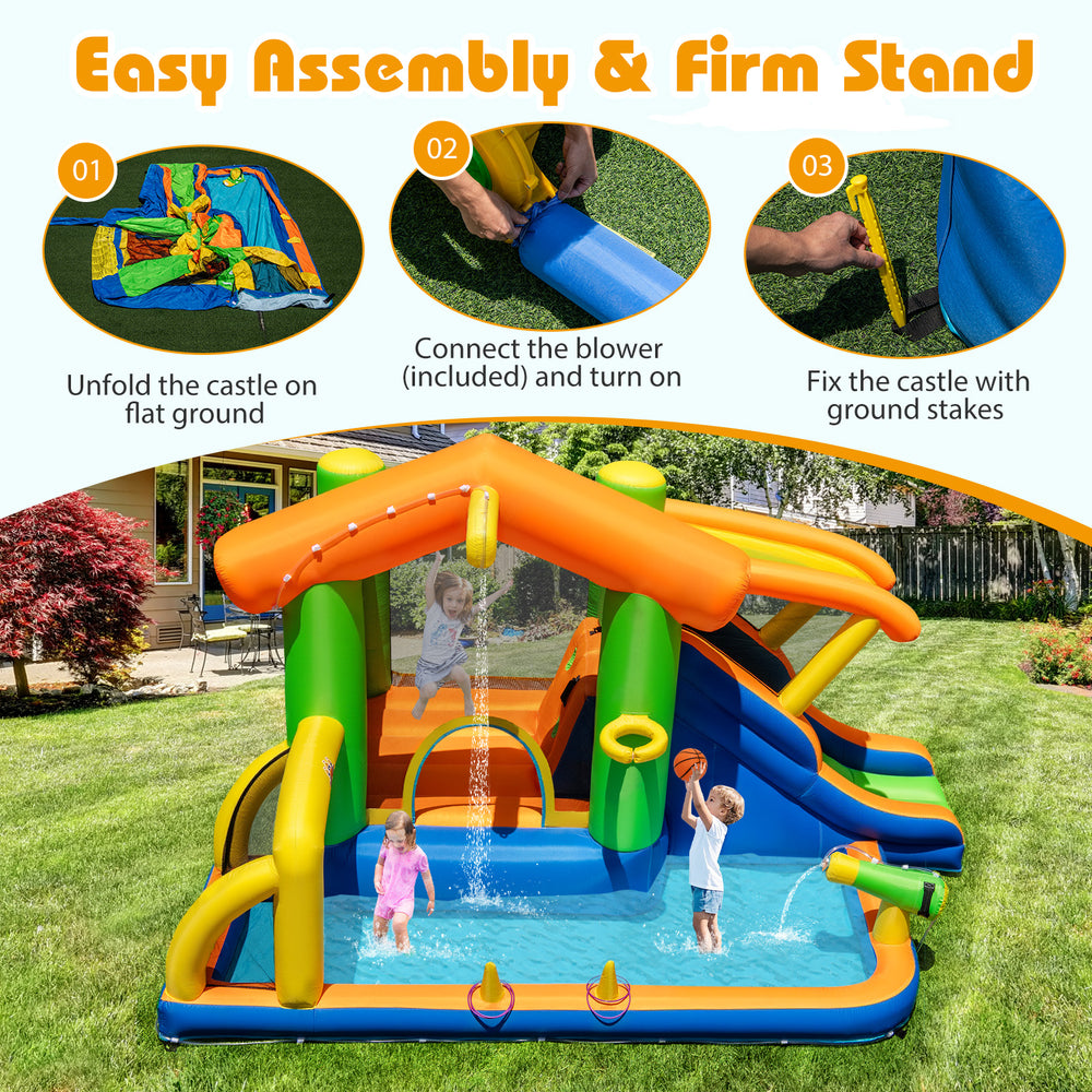 Colorful 8-in-1 inflatable bounce house water park with climbing wall, slide, and spacious pool for summer fun.