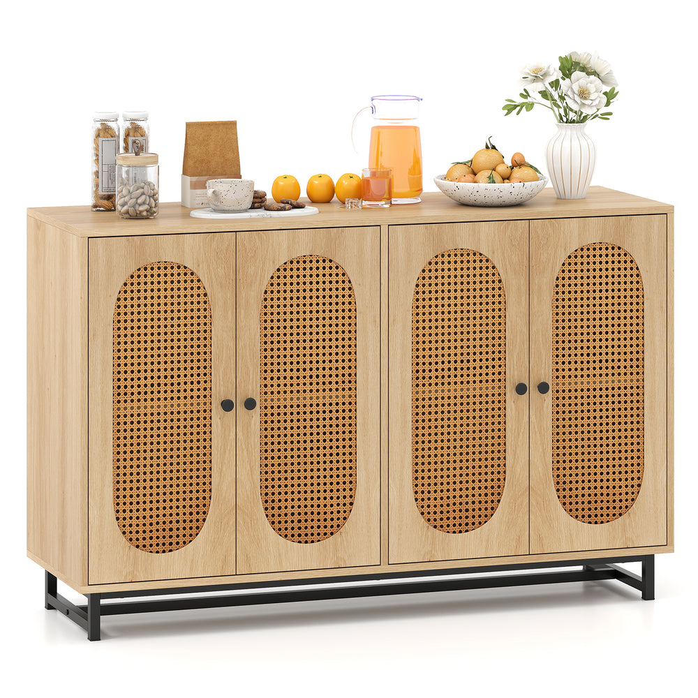 Buffet sideboard cabinet featuring a spacious countertop and stylish rattan doors, ideal for kitchen or dining room use.