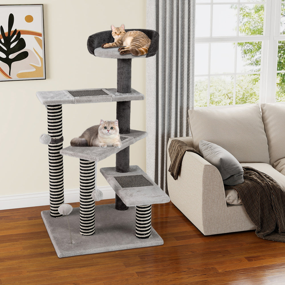 Tall gray cat tree with cozy perch, scratching posts, and playful balls, perfect for multi-pet households.