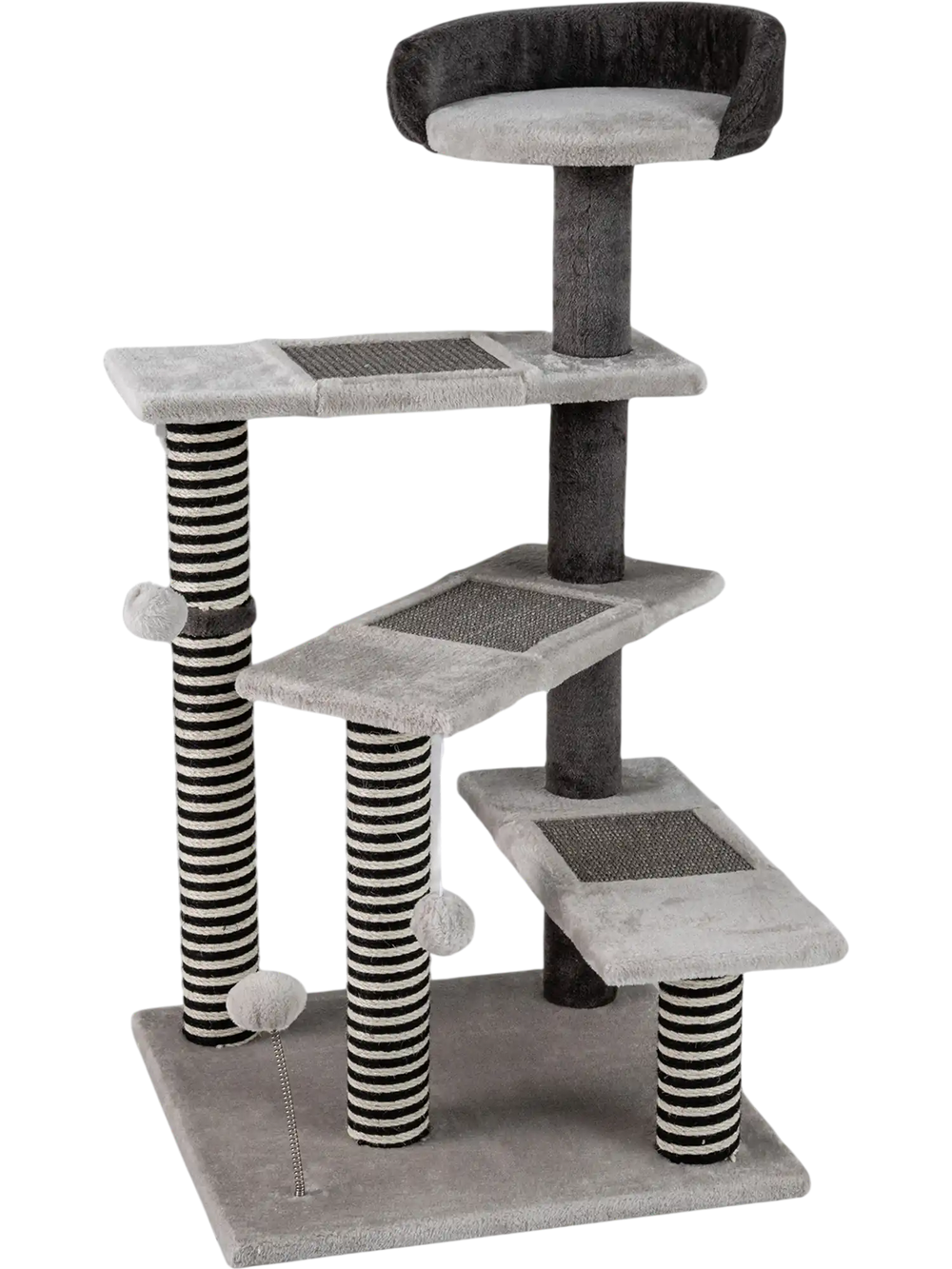 Tall gray cat tree with cozy perch, sisal scratching posts, and three platforms for climbing and lounging.