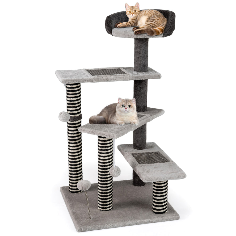 Cat tree with cozy top perch, plush fabric, and sisal scratching posts, perfect for climbing and lounging.