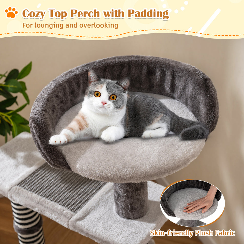 Cozy top perch with thick padding on a gray cat tree, perfect for lounging and overlooking, made of soft plush fabric.