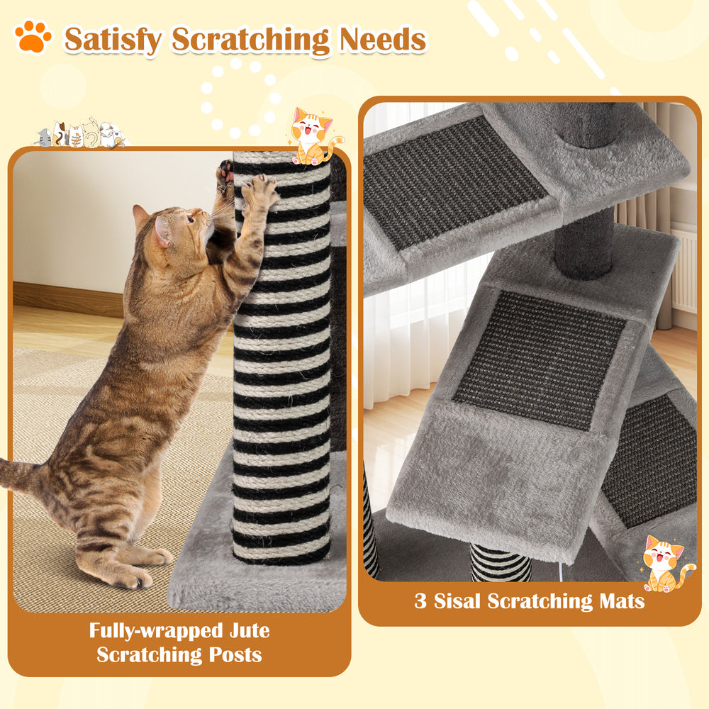 Cat tree featuring fully-wrapped jute scratching posts and sisal mats, perfect for climbing and scratching needs.