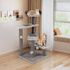 Tall gray cat tree with cozy perch, sisal scratching posts, and playful balls for multi-pet fun and stability.