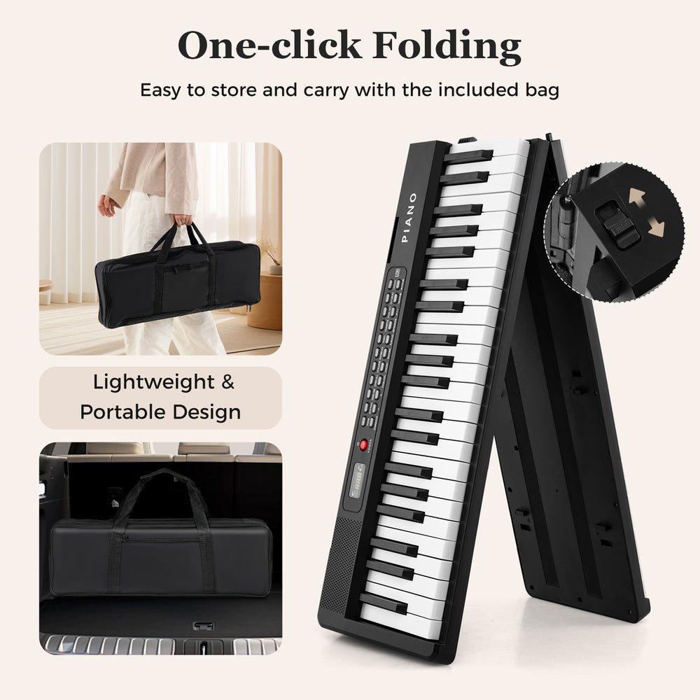 Foldable 88-key electric piano in black, lightweight design with carry bag, ideal for easy storage and portability.