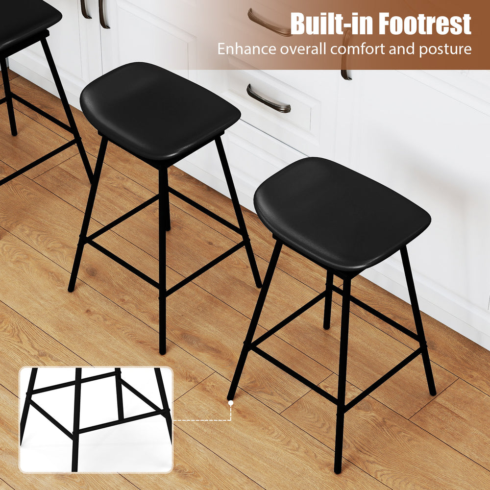 Set of 2 black swivel barstools with faux leather upholstery and built-in footrest, ideal for kitchen islands and home.