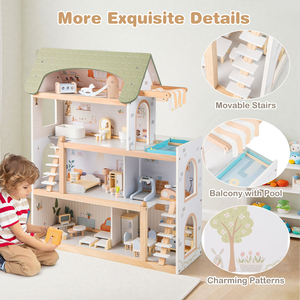 Wooden dollhouse with movable stairs and 33 furniture pieces, designed for interactive pretend play and safety for kids.