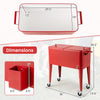 Red portable outdoor patio cooler cart with 80-quart capacity, dimensions shown, featuring wheels and bottle opener.