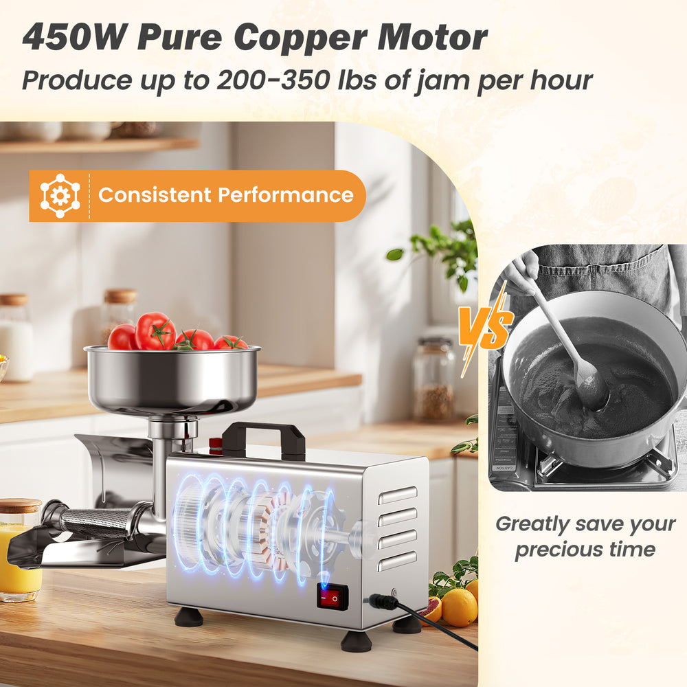Electric tomato strainer with 450W motor, stainless steel construction, and large feed chute for efficient jam.