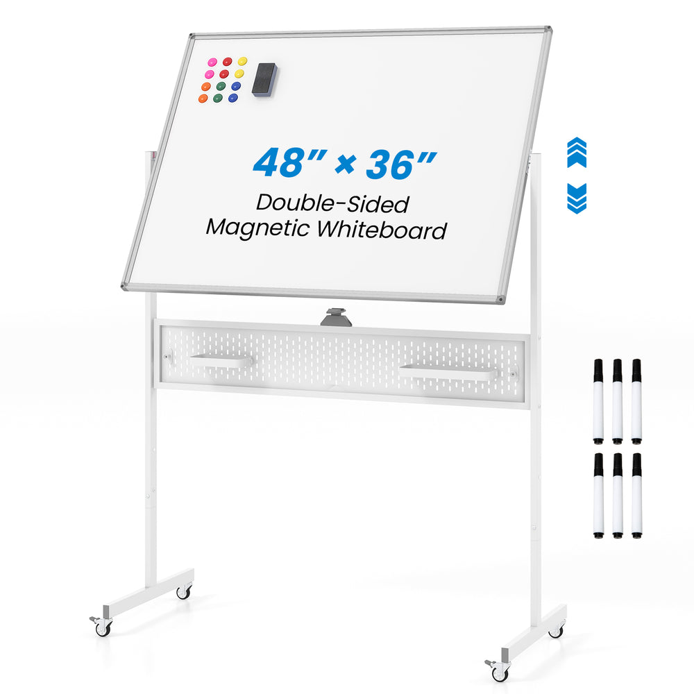 Double-sided magnetic whiteboard, 48"x36", mobile design with 360° rotation for versatile writing in office or school.