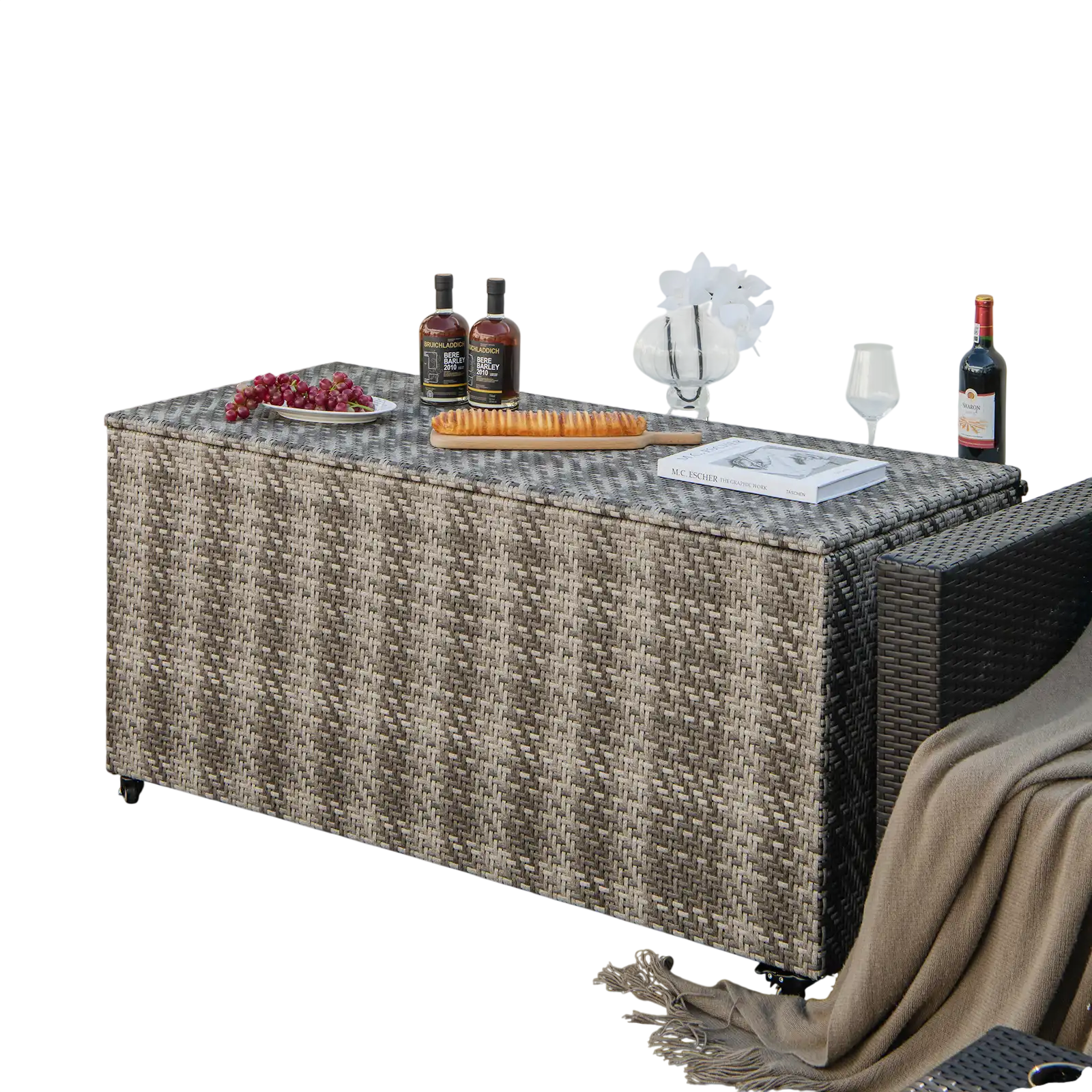 Costway 96 Gallon PE Wicker Outdoor Storage Deck Box Gray 4 Wheels 54768321 New