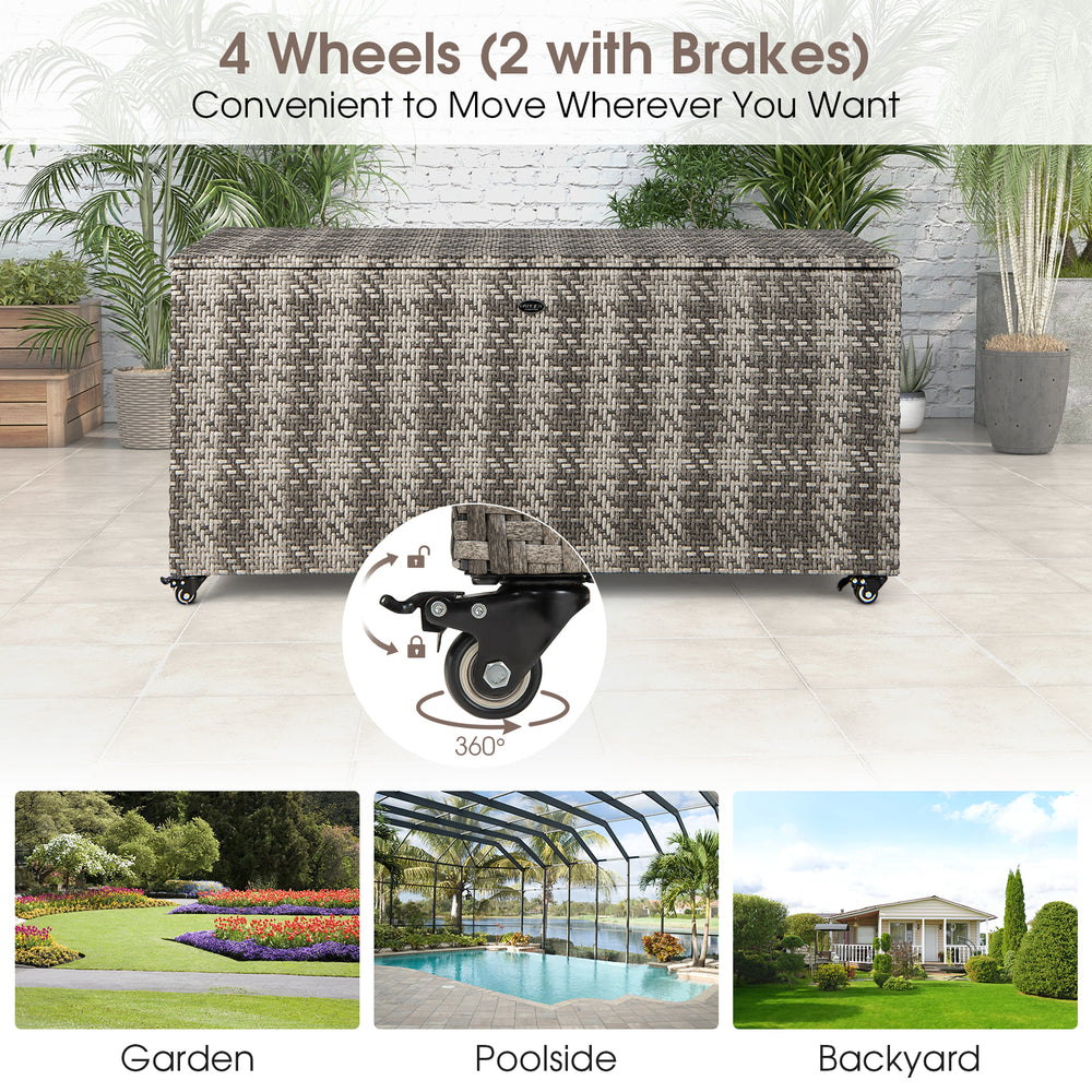 Gray 96-gallon PE wicker outdoor storage box with 4 wheels, ideal for garden or poolside use.