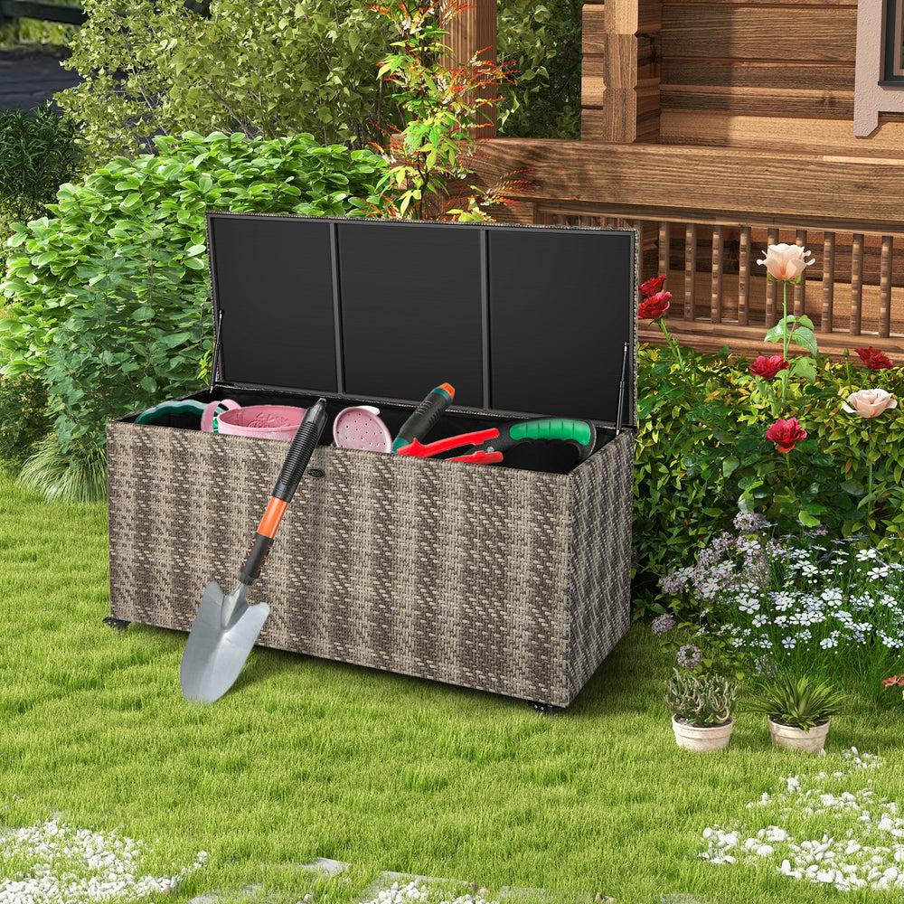 Gray PE wicker outdoor storage box with 96-gallon capacity and wheels, ideal for storing cushions and garden tools.