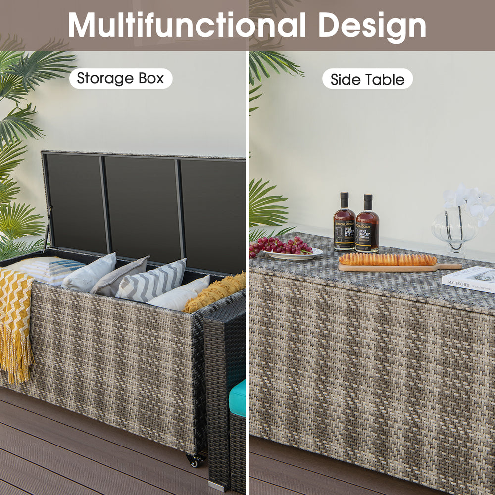 Multifunctional 96-gallon PE wicker storage box with wheels, serving as a side table for outdoor use.