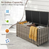 Gray 96 gallon PE wicker outdoor storage box with wheels, ideal for cushions and gardening tools, featuring a.