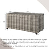 Gray 96-gallon PE wicker outdoor storage box with wheels, featuring a waterproof liner for cushions and sturdy.