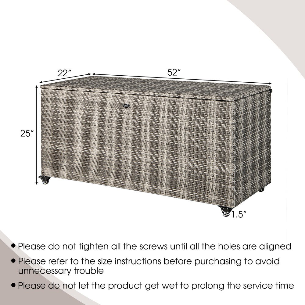 Gray 96-gallon PE wicker outdoor storage box with wheels, featuring a waterproof liner for cushions and sturdy.
