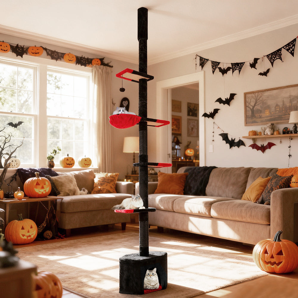 Gothic cat tree with adjustable height, 5 tiers, and cozy condo, perfect for small spaces and playful cats.