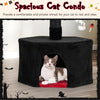 Spacious black cat condo with cozy interior, part of a Gothic-style cat tree for comfortable relaxation and play.