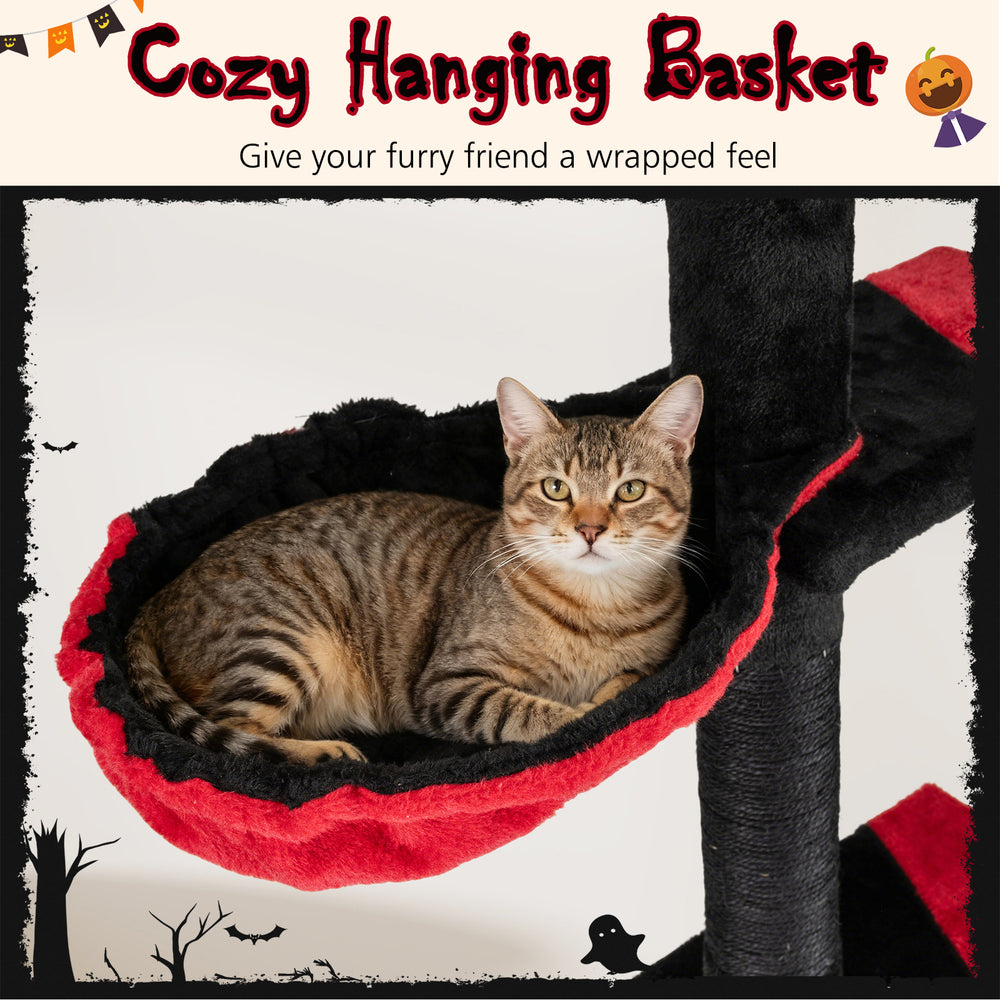 Cozy hanging basket on the Gothic cat tree, featuring plush black and crimson fabric for comfortable lounging.