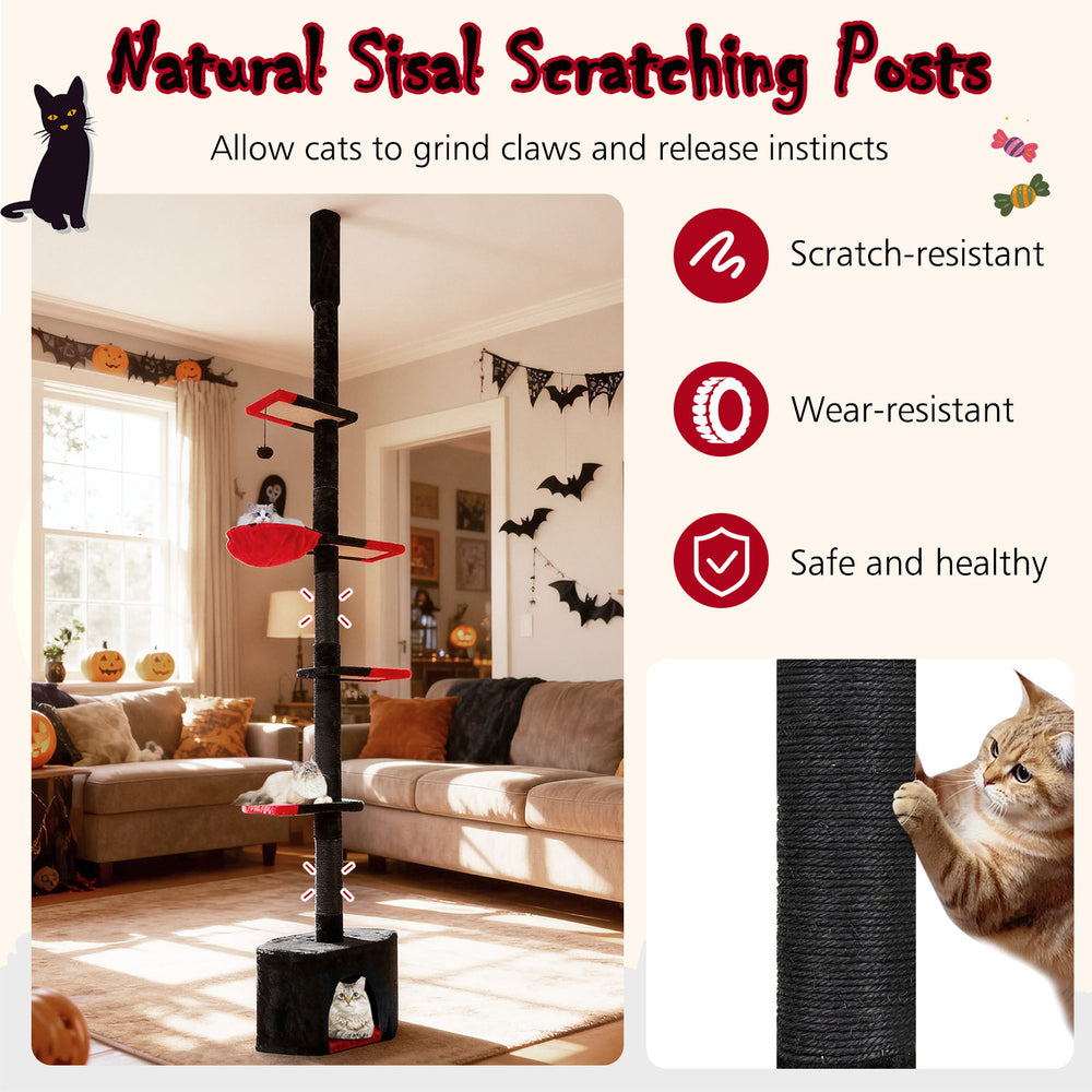 Gothic cat tree with adjustable height, five tiers, sisal scratching posts, and cozy condo for playful lounging.