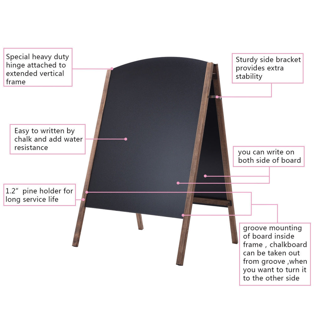 Double-sided 40-inch wood A-frame chalkboard with sturdy bracket, ideal for sidewalk signage and announcements.