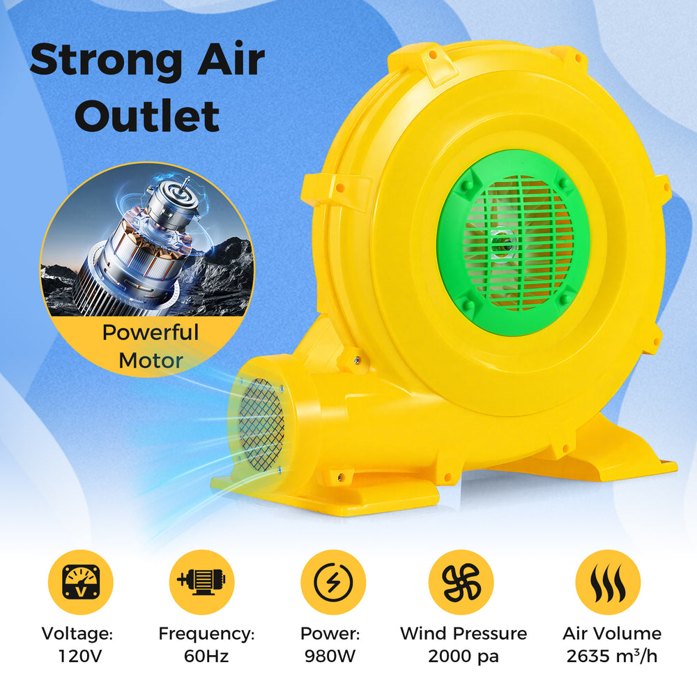 Portable 980W bounce house blower with strong air outlet, 1500 CFM, and safety features for quick inflation.