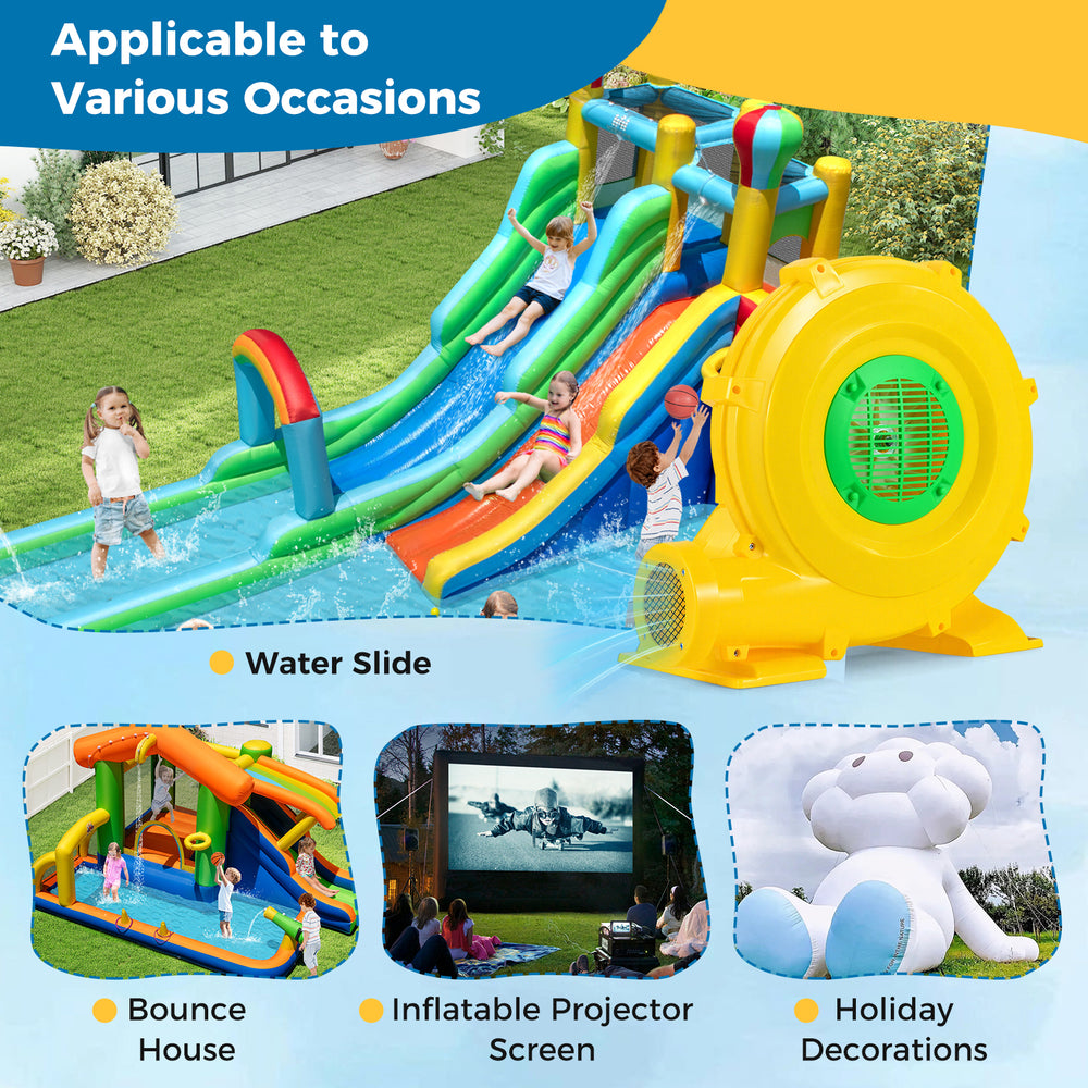Portable 980W bounce house blower with handle, designed for quick inflation of inflatables and holiday decorations.