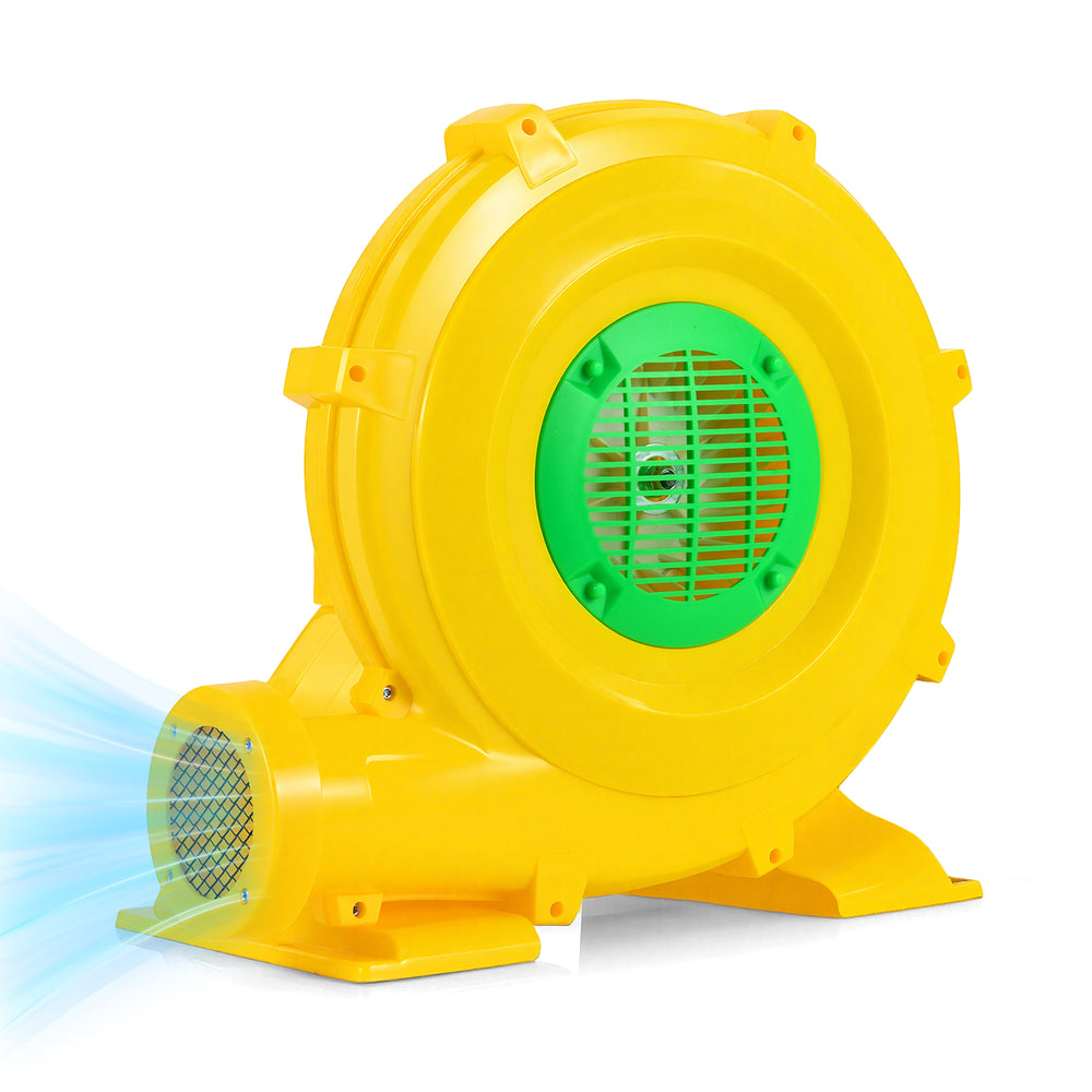980W portable air pump fan in yellow with green accents, designed for quick inflation of bounce houses and inflatables.
