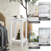 White 2-tier end table with solid wood legs, ideal for bedside or sofa side storage in any room.