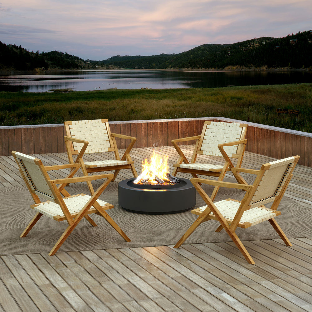 Teak wood patio chairs with webbing seats arranged around a fire pit, ideal for outdoor relaxation and gatherings.