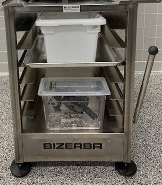 Bizerba Slicer Table with 6 Sheet Pan Rack and Retractable Casters New