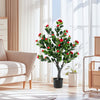 Artificial camellia tree featuring vibrant red blossoms and lush green leaves, ideal for enhancing office or living room decor.