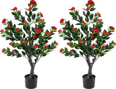 Costway Artificial Camellia Tree Set of 2 Faux Flower Plant 25881367 New