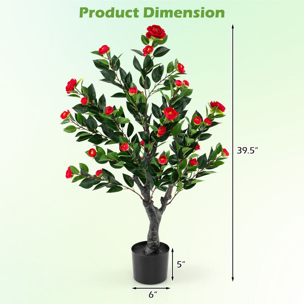 Artificial Camellia tree with 36 red blossoms, 39.5 inches tall, perfect for adding elegance to any space.