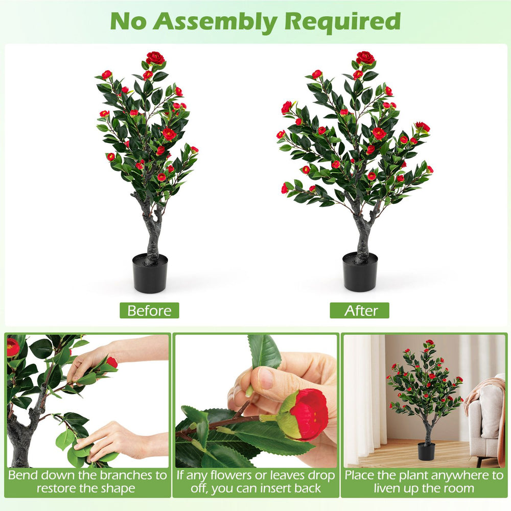 Artificial camellia tree with 36 red blossoms, featuring a sturdy pot, perfect for adding elegance to any space.