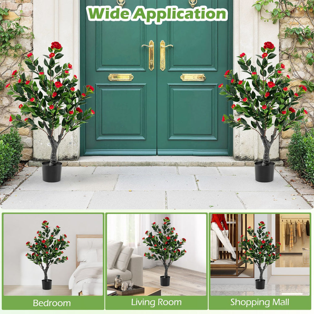Set of 2 artificial camellia trees with 36 red blossoms, perfect for adding elegance to living rooms or porches.