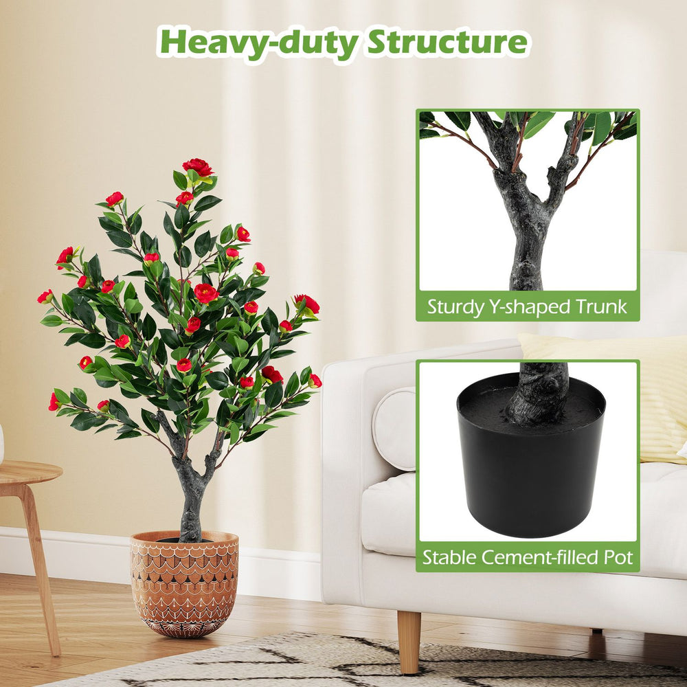 Artificial Camellia tree with 36 red blossom fabric flowers in a sturdy cement-filled pot for elegant home decor.