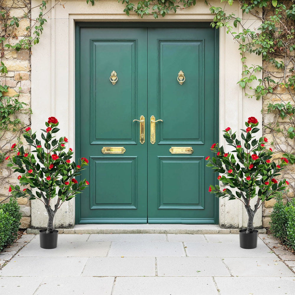 Two 98 cm artificial camellia trees with 36 red blossoms each, perfect for enhancing entryways or living spaces.