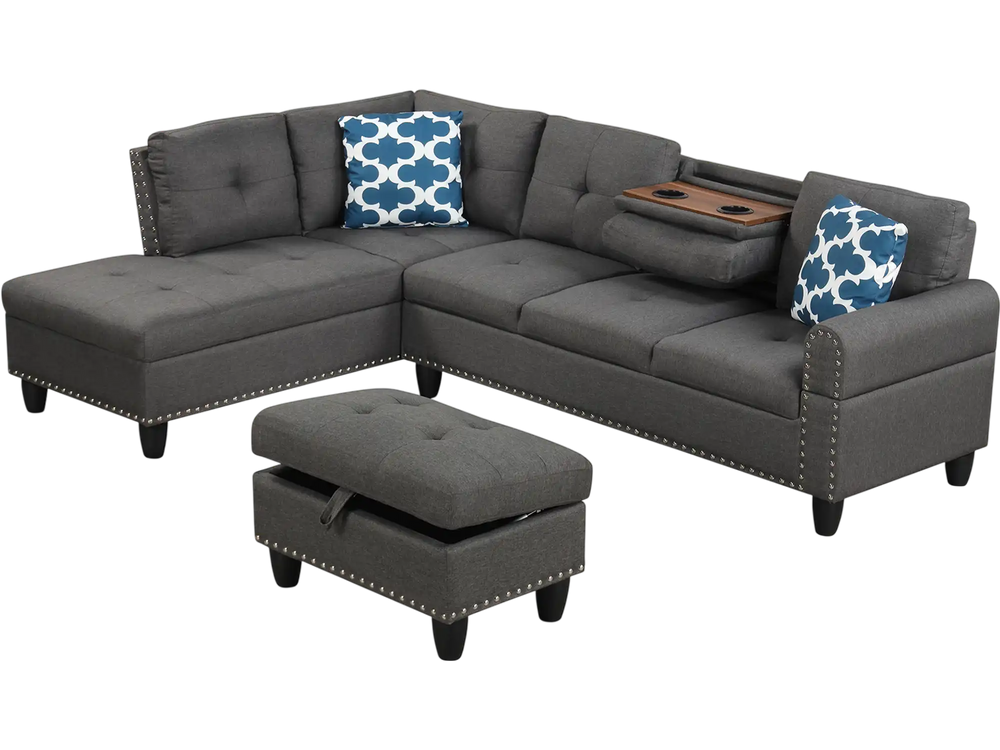 L-shaped 98-inch sectional sofa in gray linen with movable storage ottoman and two cup holders for convenient.