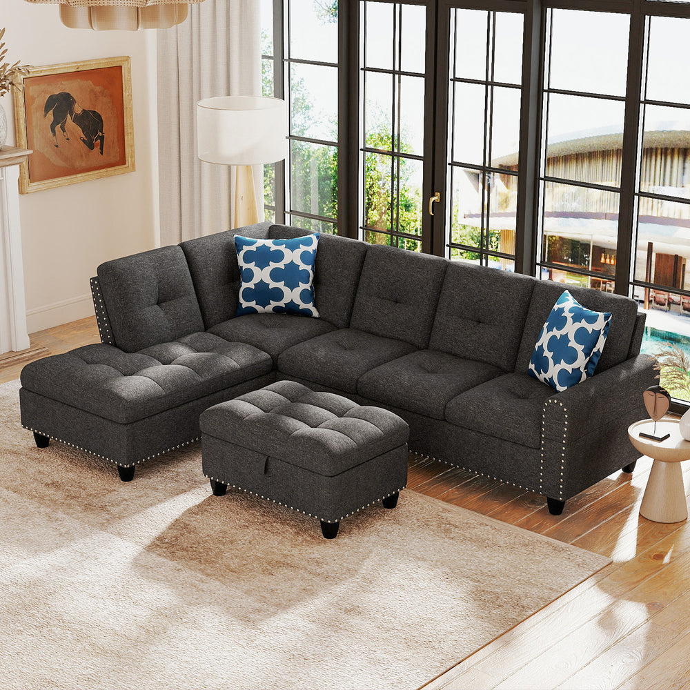98 Inches Sectional Sofa Couch with Movable Storage Ottoman and Linen Fabric Backs-DG - Gallery View 1 of 11