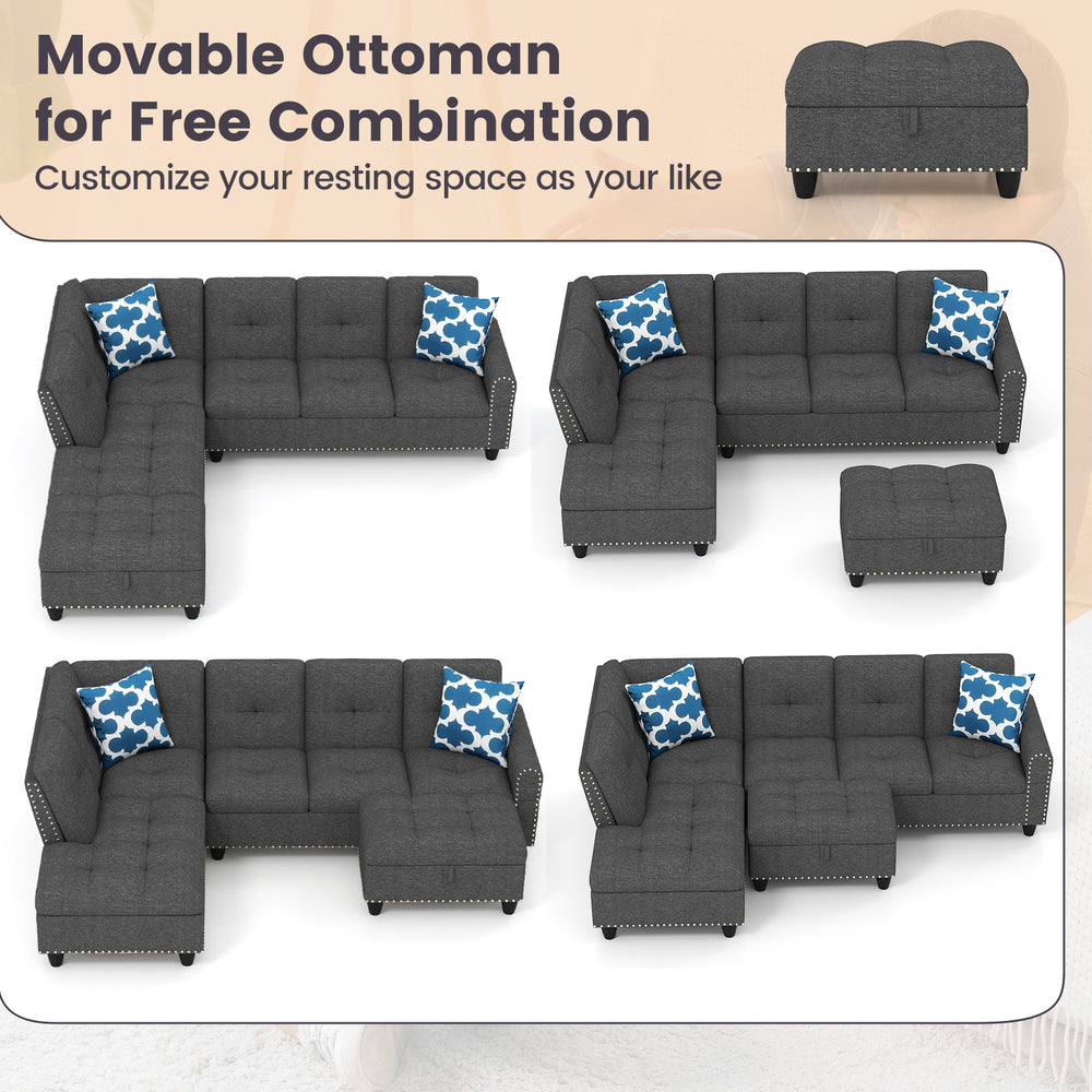 L-shaped 98-inch sectional sofa with movable storage ottoman, linen fabric, and comfy pillows for versatile seating.