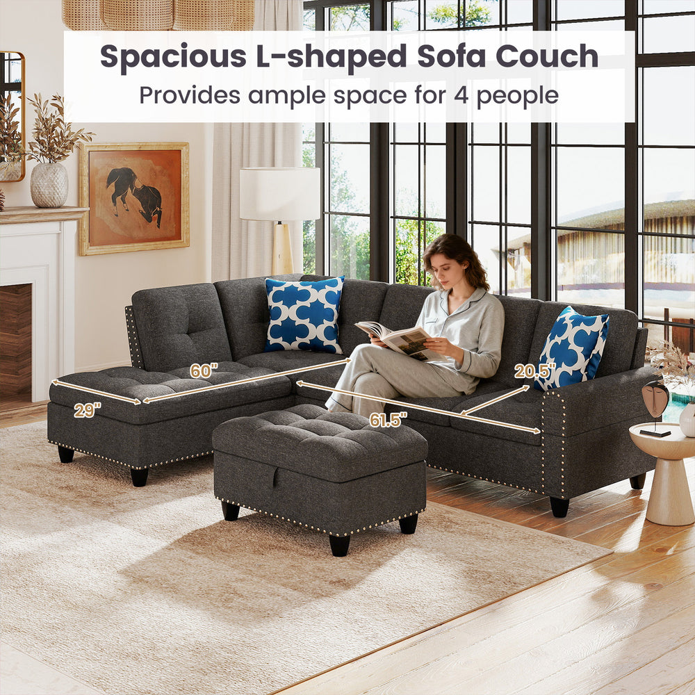 L-shaped sectional sofa couch with movable storage ottoman, spacious for 4 people, featuring linen fabric and comfy.