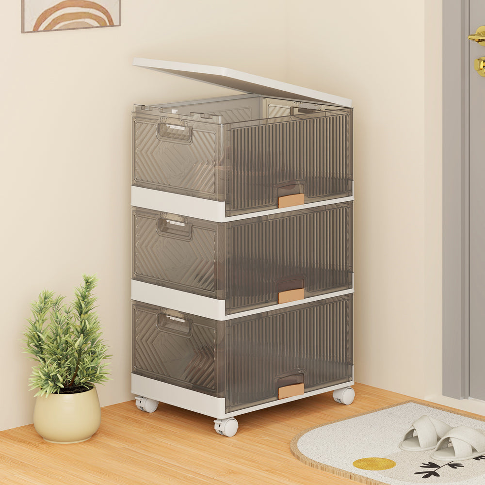 Three-cube stackable storage bin with detachable wheels, featuring a top and front opening for easy access and mobility.
