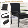 Black patio armchair featuring a curved backrest, contoured armrests, and adjustable foot pads for outdoor comfort.