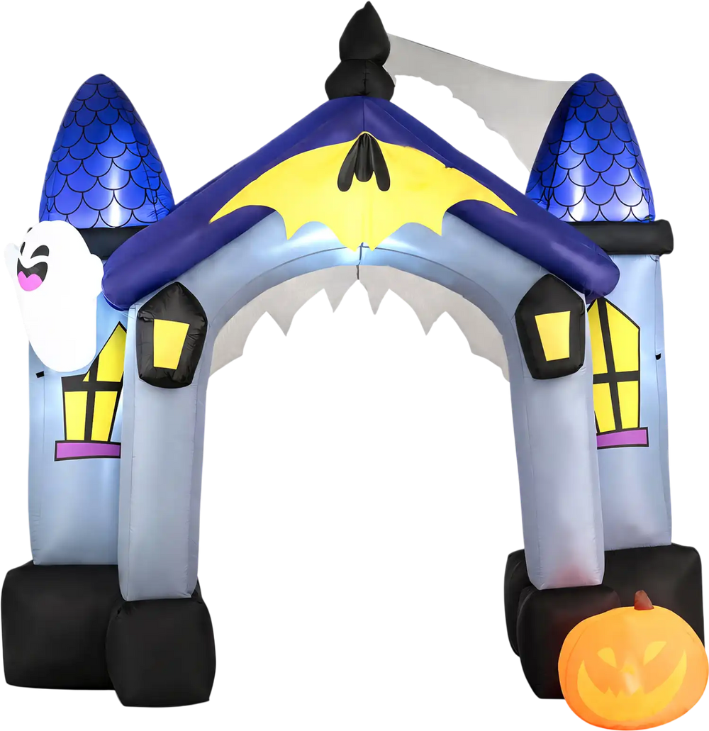 Halloween inflatable archway stands 9 ft tall with LED lights, featuring ghost and pumpkin details for festive outdoor decor.