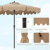 9-foot brown patio umbrella with crank handle, ruffled edges, and vented top for stability and sun protection.